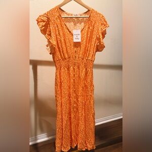 One size Orange Floral Ruffle Button-Up Long Dress, elastic at waist NWT
